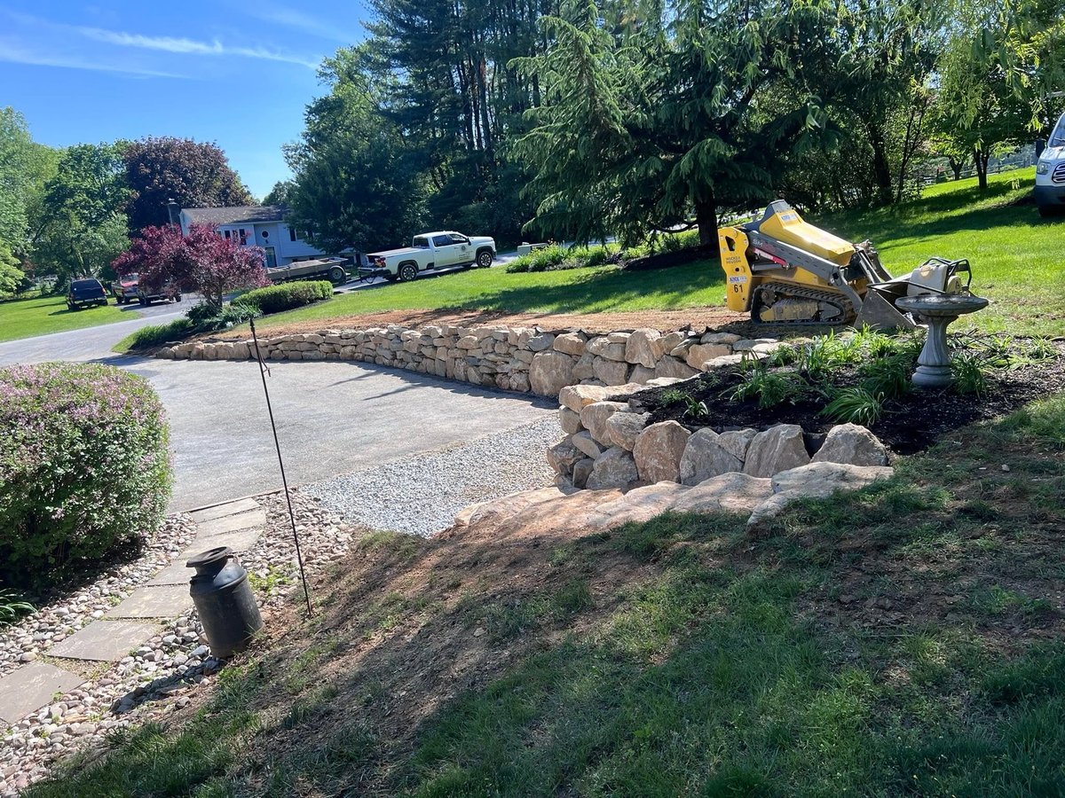 Completed backyard with raised garden beds, gravel patio, and manicured lawn