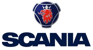 Scania logo featuring a red griffin with crown in a blue shield above the word Scania in bold navy letters