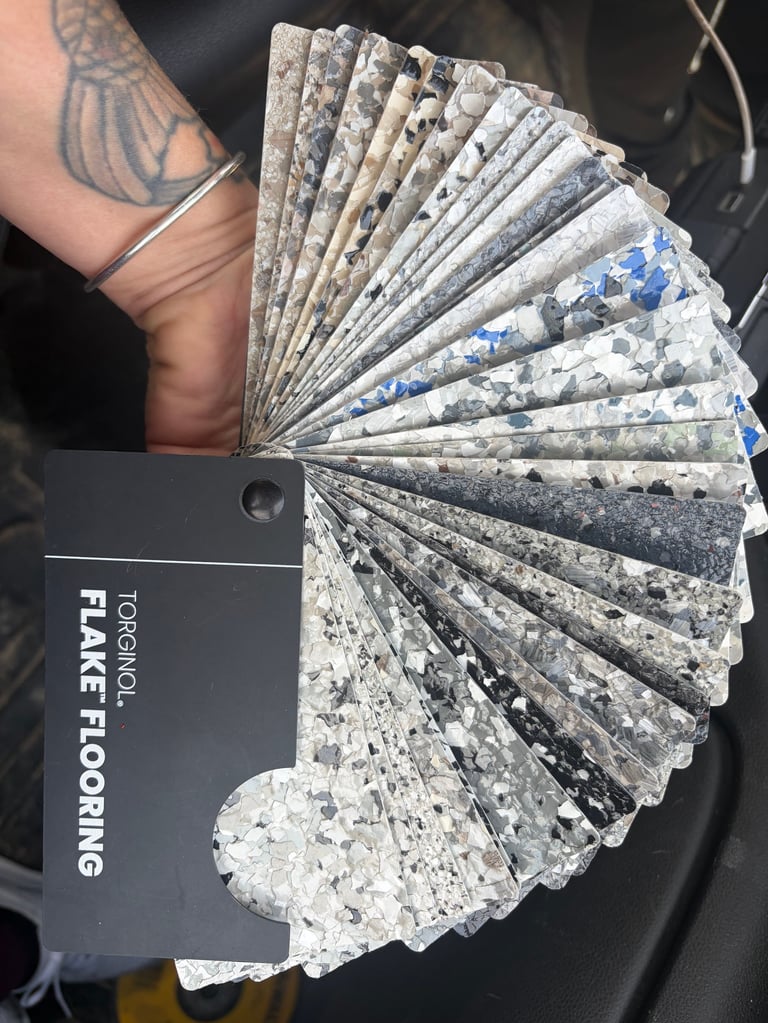 Torginol decorative flake flooring samples — a wide range of color and pattern options for custom epoxy floors