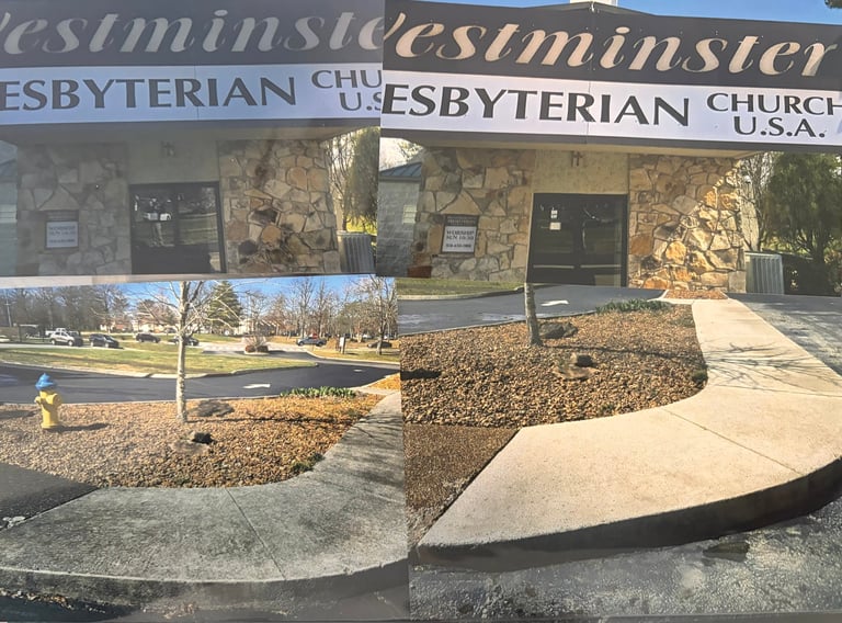 Westminster Presbyterian Church exterior with stone facade, curved sidewalk, landscaping beds with gravel, and building signage