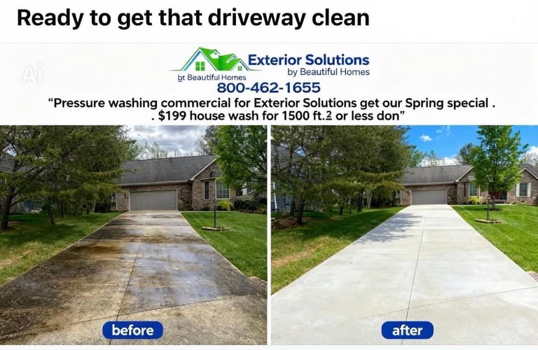 Before and after comparison of driveway pressure washing service by Exterior Solutions showing dirty vs clean driveway
