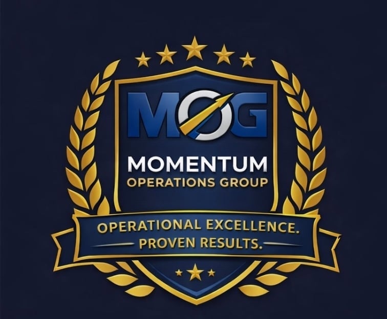 MOG Momentum Operations Group logo featuring gold laurel wreath, stars, and shield with motto Operational Excellence Proven Results