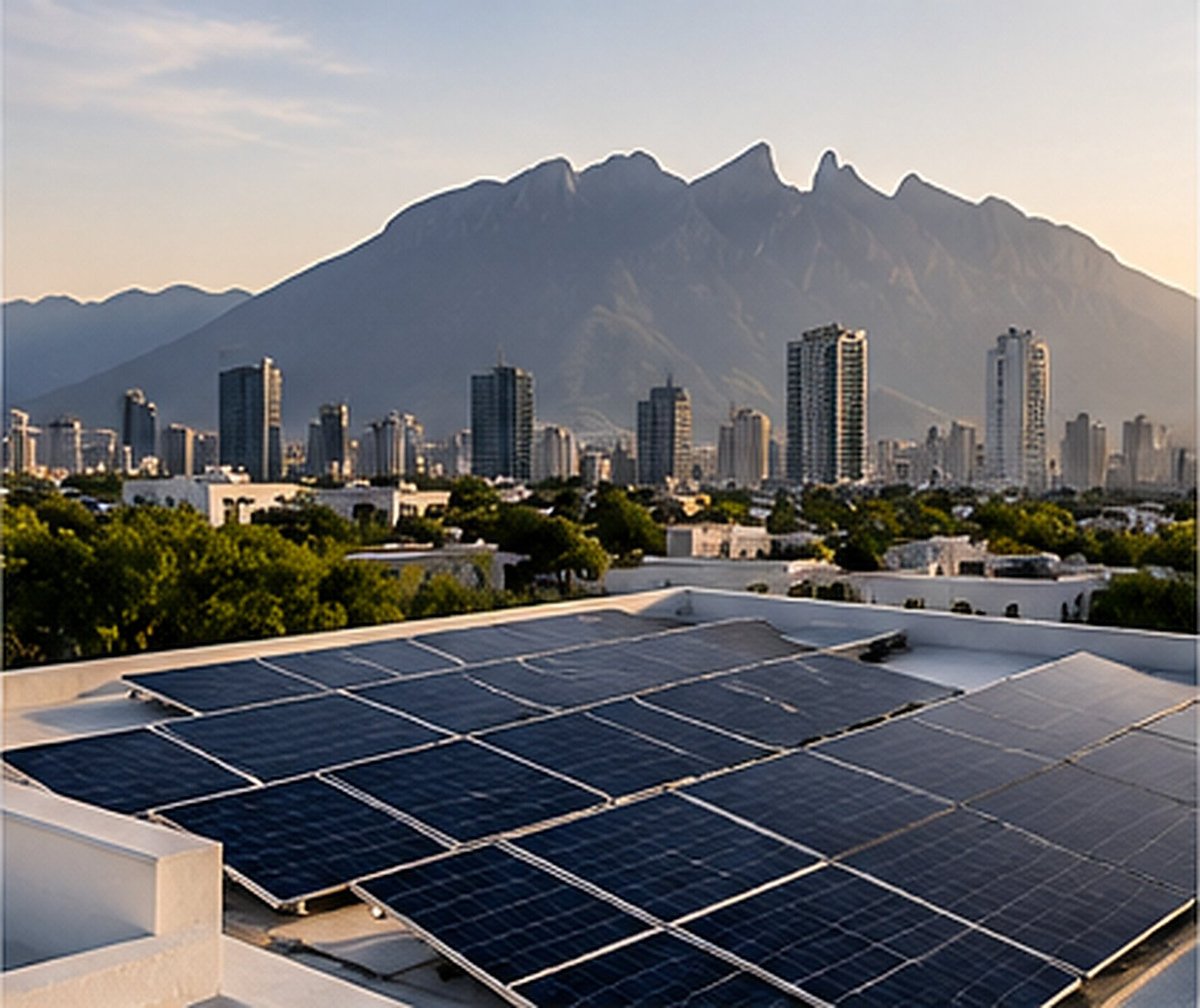 Solar panels on a rooftop with a city skyline and mountain in the background