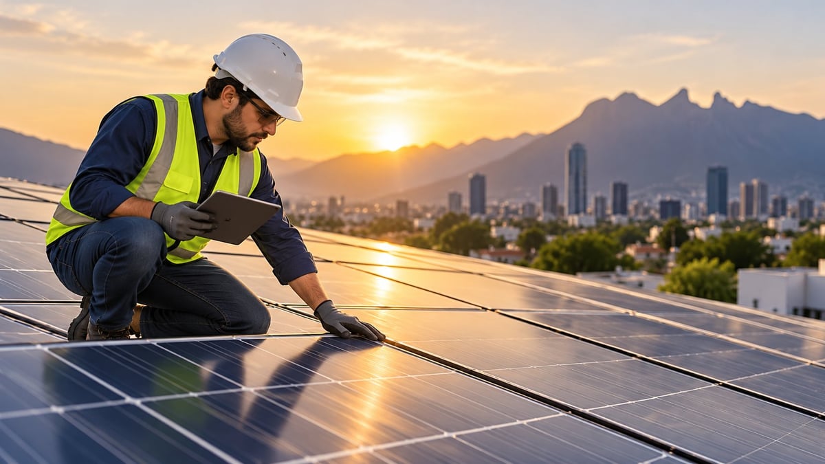 Construction worker in safety gear installing solar panels on rooftop at sunset with city skyline in background