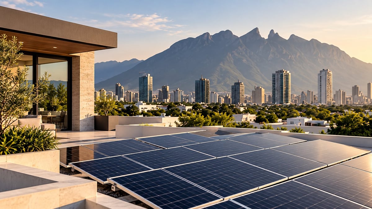 Solar panels on modern rooftop terrace overlooking city skyline with mountains in background