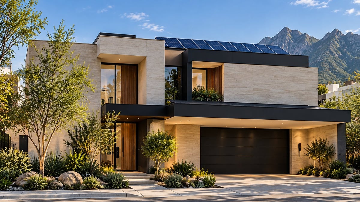 Modern two-story house with beige and dark exterior, solar panels, large garage, and desert landscaping with mountains in background