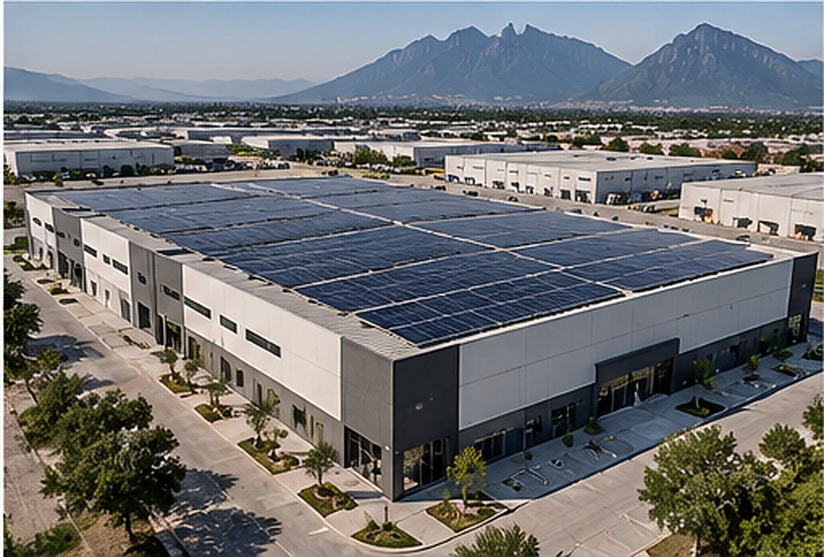 Industrial warehouse with solar panels on roof, mountains in background, desert landscape