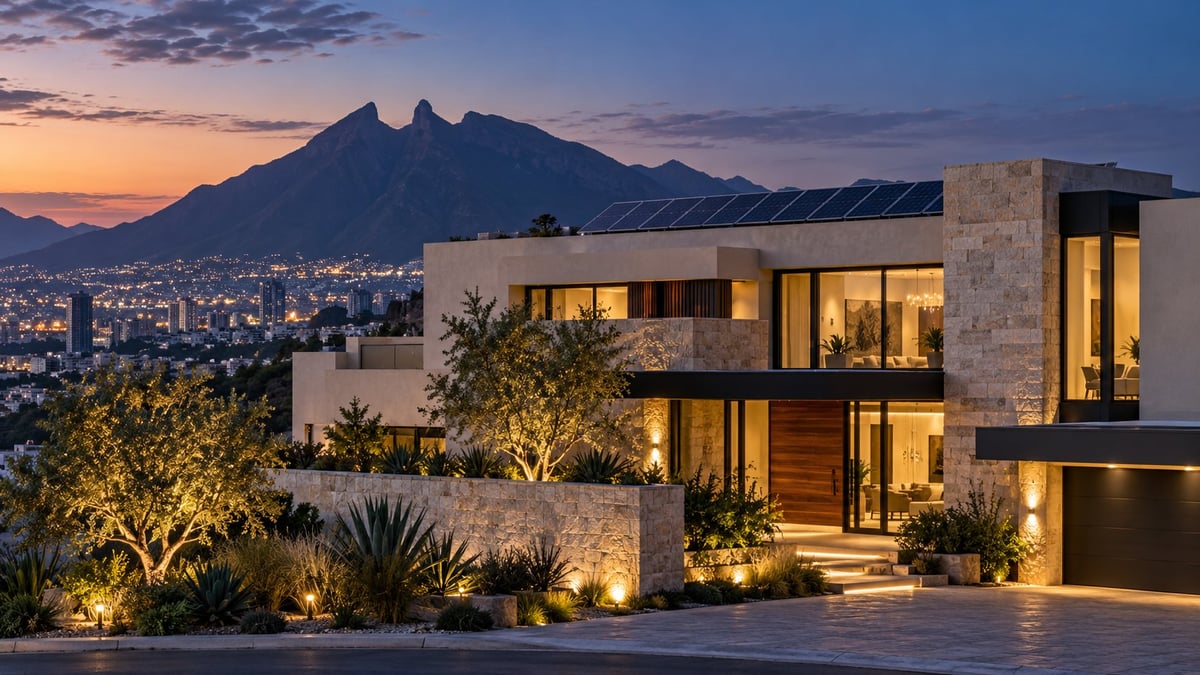 Modern luxury home at dusk with illuminated architecture, mountains and city lights in background at twilight
