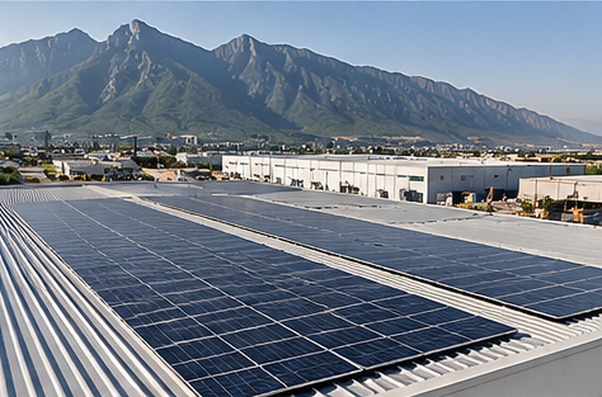 Solar panels on industrial rooftop with mountain and town in background under blue sky