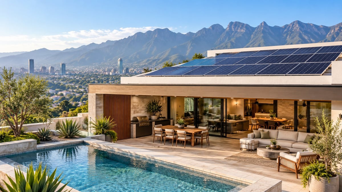 Modern home with solar panels, pool, and patio overlooking mountain range and city skyline
