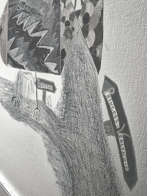 Black and white pencil sketch of kitchen knives and forks arranged in a wooden block, rendered with crosshatching and shading on a textured background