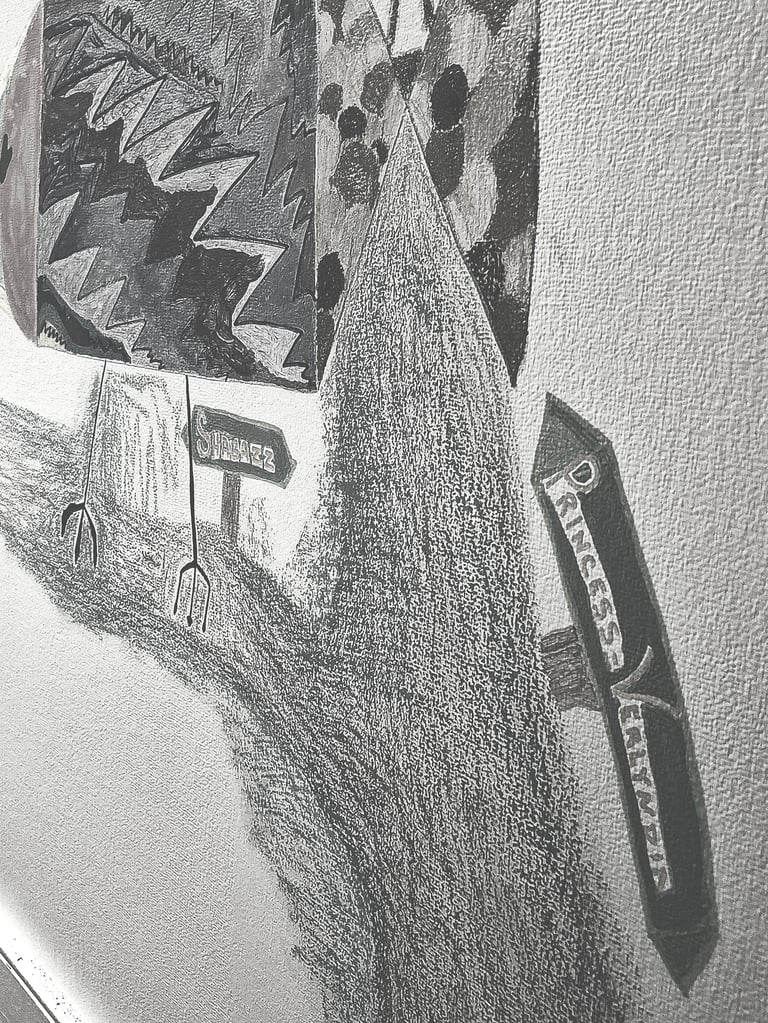 Black and white pencil sketch of kitchen knives and forks arranged in a wooden block, rendered with crosshatching and shading on a textured background