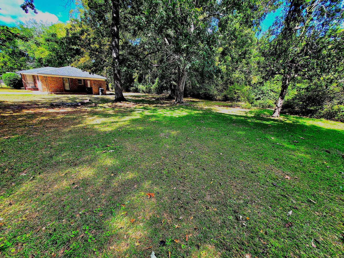 Red brick single-story house with large green lawn and tall mature trees under blue sky