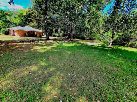 Red brick single-story house with large green lawn and tall mature trees under blue sky