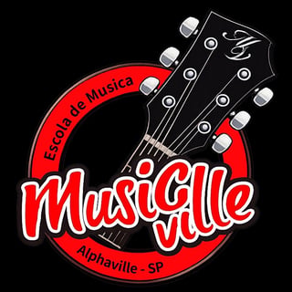 MusiCille music school logo featuring a red and black circular design with a guitar illustration and text