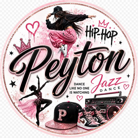 Peyton Hip-Hop Jazz Dance circular logo with dancers, crowns, and stars in pink and black