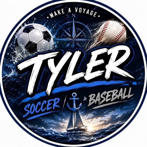Tyler navy blue badge with soccer, baseball, compass, and sailboat Make a Voyage theme