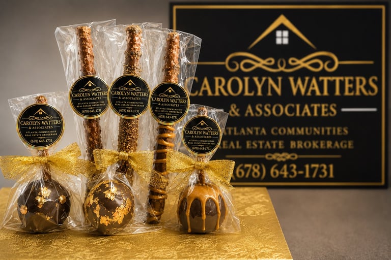 Gourmet chocolate pretzel twists and balls branded with Carolyn Watters & Associates real estate logo displayed on gold foil base with business sign