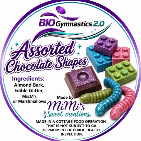 BIO Gymnastics 2.0 Assorted Chocolate Shapes product label with sparkly building block chocolates