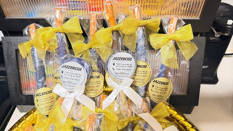 Multiple gift baskets wrapped in clear cellophane with yellow bows and white ribbon, containing Alzercare products with product labels visible