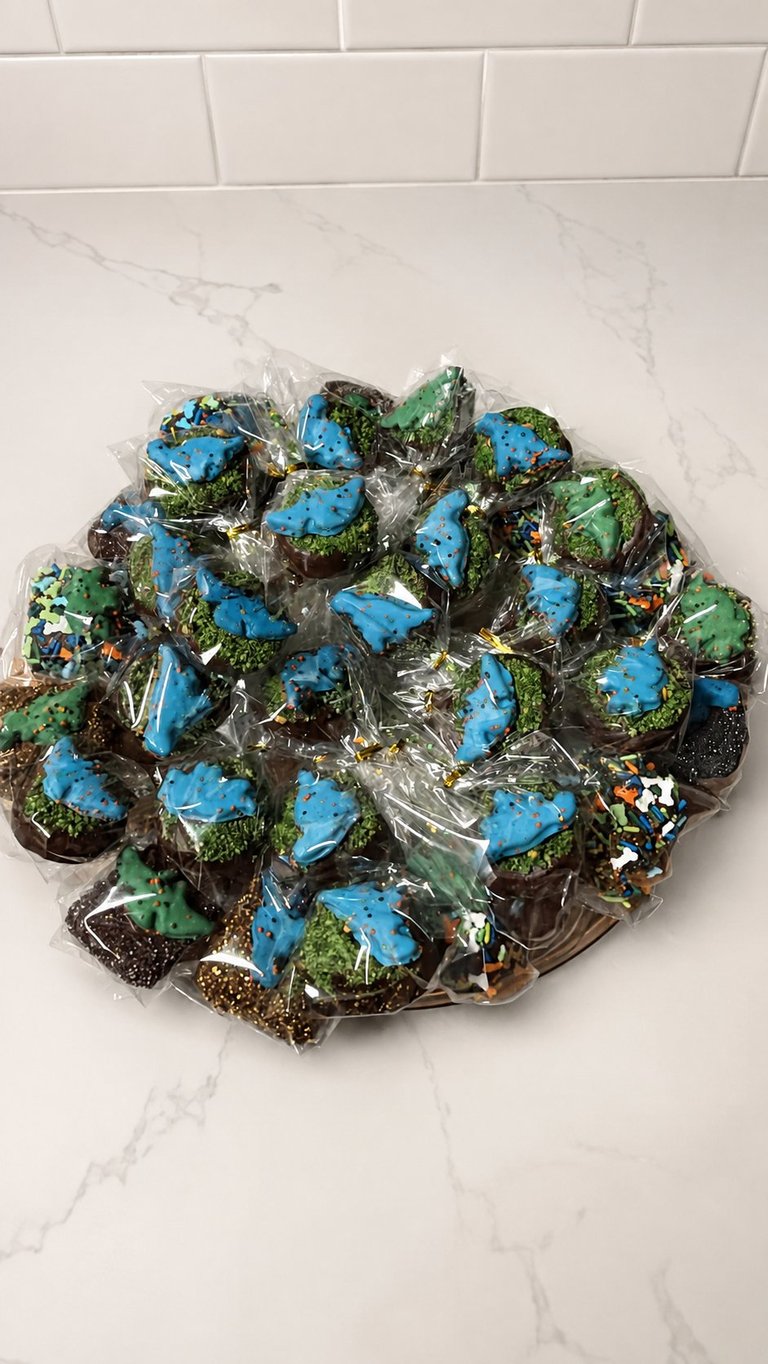 Overhead view of multiple chocolate-covered treats with blue and green decorative coatings on a marble countertop.