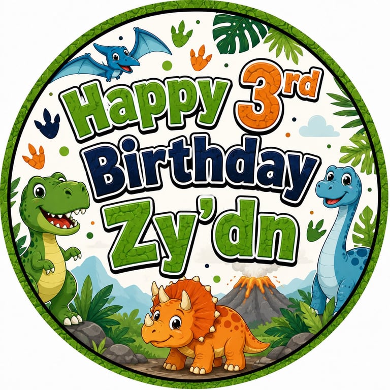 Happy 3rd Birthday Zydn circular badge with dinosaurs, volcano, and jungle theme