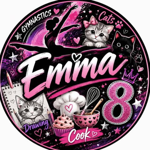 Emma pink and black circular design with cats, gymnastics, drawing, and cooking hobbies