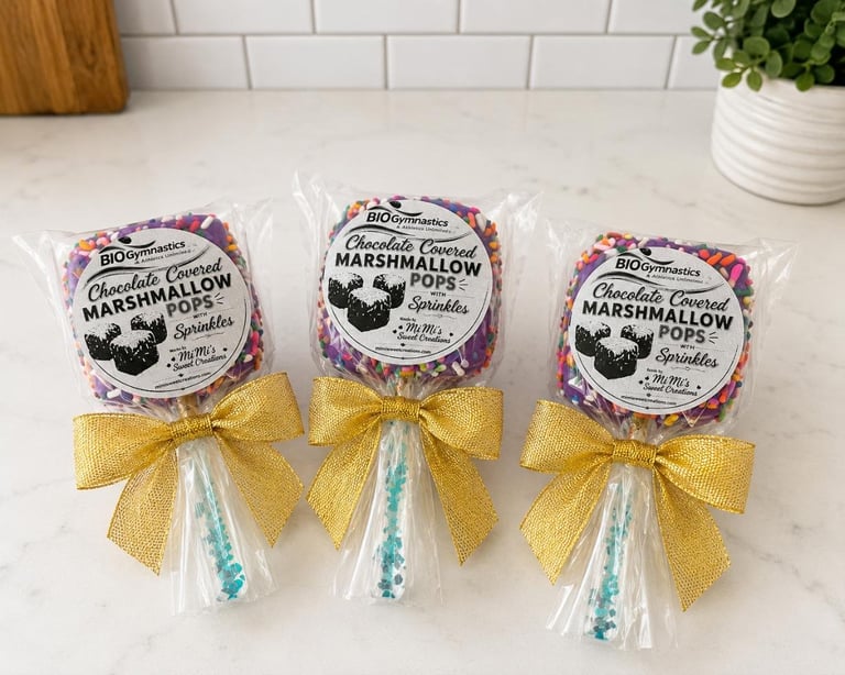 Three packaged chocolate marshmallow pops with purple and gold decorative packaging tied with gold ribbons on a marble countertop