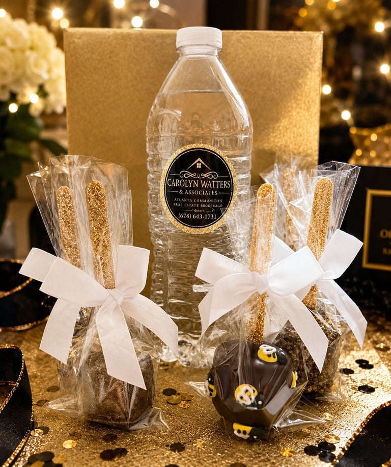 Elegant gift set featuring Carolyn Watters water bottle surrounded by gold glitter-filled glasses with white bows and chocolate treats on festive backdrop