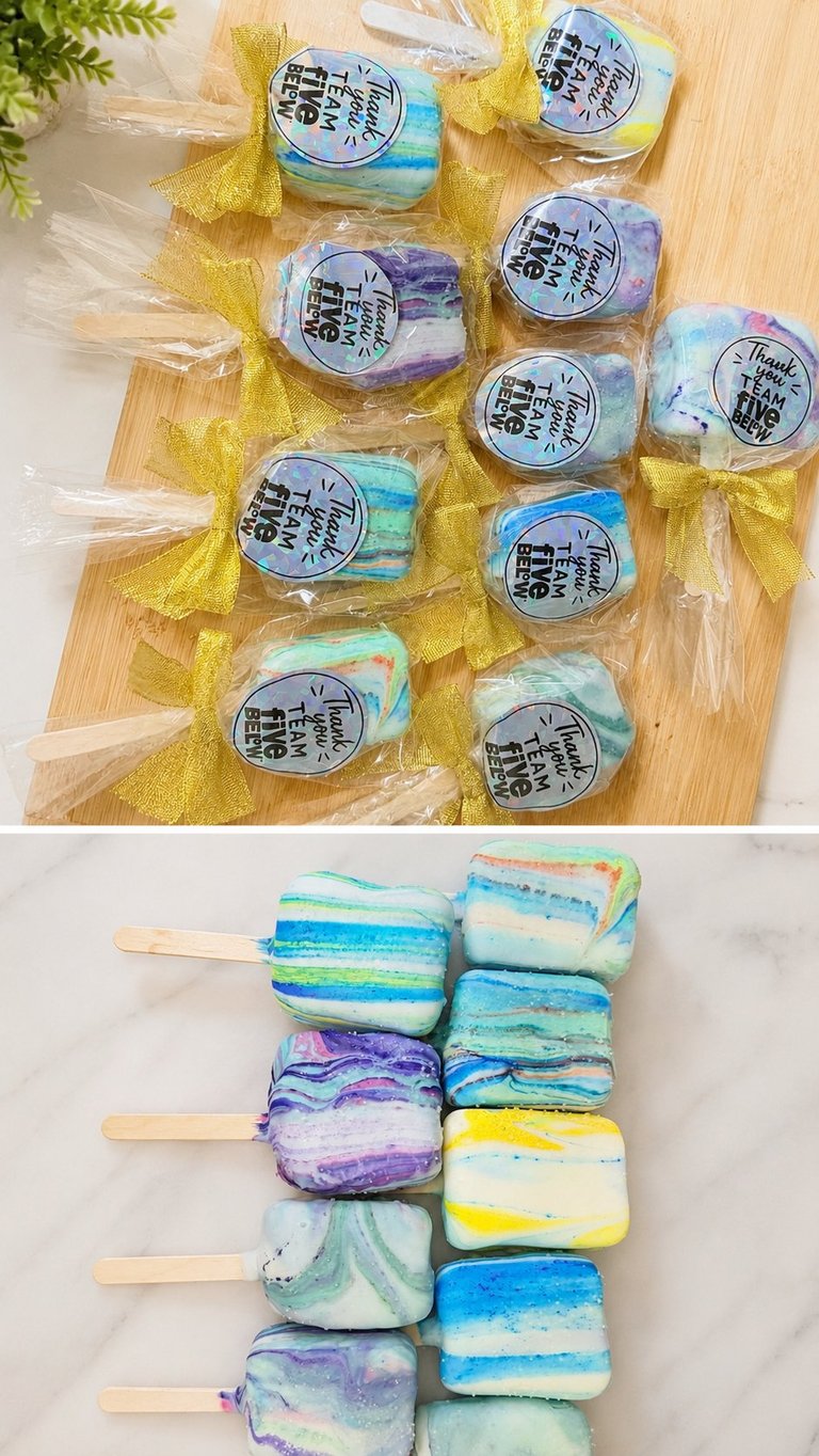 Handmade ice cream or popsicles in various pastel colors with yellow ribbons, displayed on wooden surface and wooden sticks.