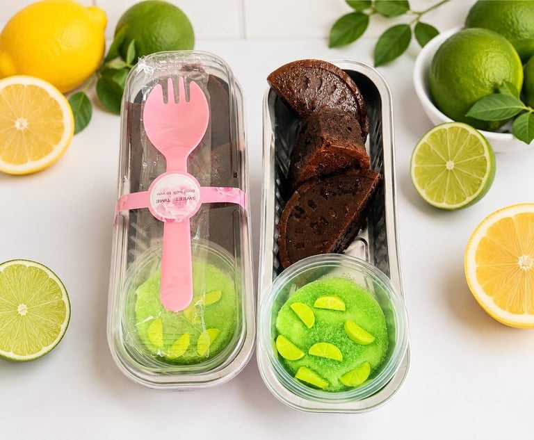 Two clear containers with lime mint desserts and chocolate cake, pink spork utensil, surrounded by fresh lemons and limes