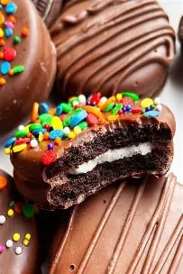 Cross-section of chocolate-covered brownie sandwich with white cream filling and colorful candy toppings