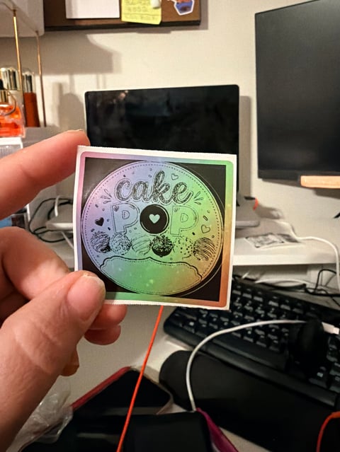 Holographic custom label sticker with cake and peace symbols