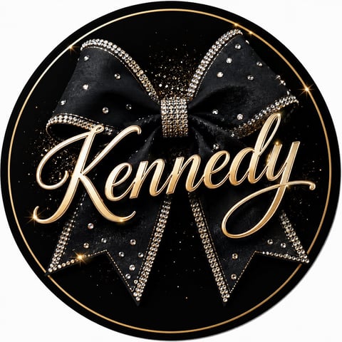 Luxe black and gold Kennedy logo with rhinestone bow and star design on circular badge