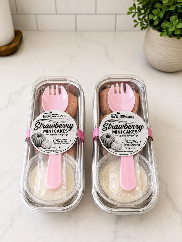 Two packages of strawberry mini cakes with pink forks on a marble countertop, flanked by a potted plant and bowl