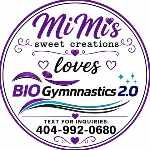 MiMi's Sweet Creations loves BIO Gymnastics 2.0 purple circular label with contact number 404-992-0680