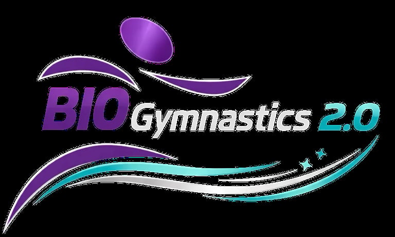 BIO Gymnastics 2.0 logo featuring purple and teal swirl design with stylized gymnast silhouette