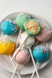 Colorful cake pops with sprinkles on white sticks arranged on a plate against a light background