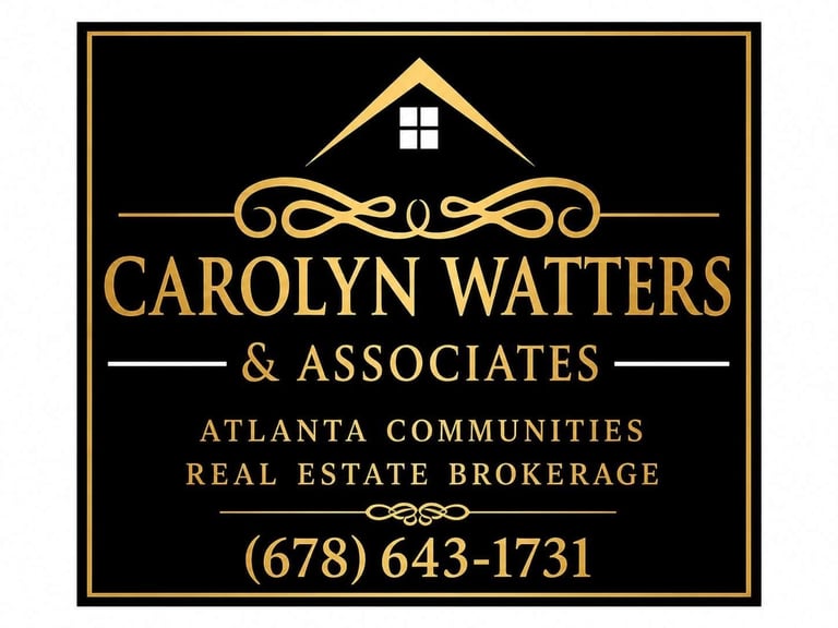 Carolyn Watters & Associates real estate brokerage business card with gold text on black background and contact number 678-643-1731