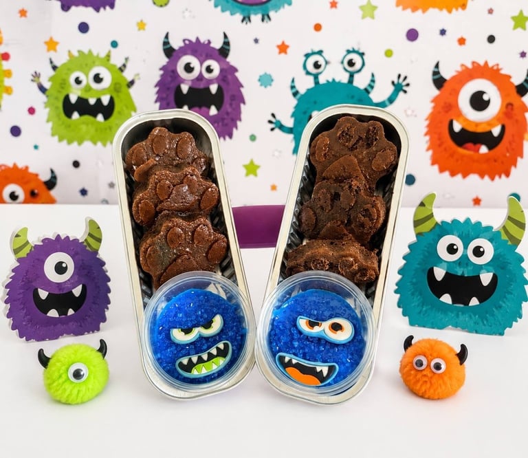 Two containers of chocolate cookies with colorful monster face designs on a background covered in illustrated furry monsters