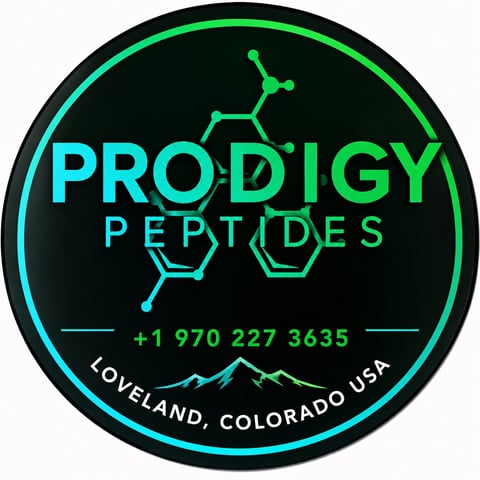 Prodigy Peptides circular logo with neon cyan and green text on dark background
