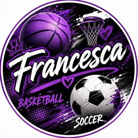 Purple and black sports badge for Francesca featuring basketball and soccer ball