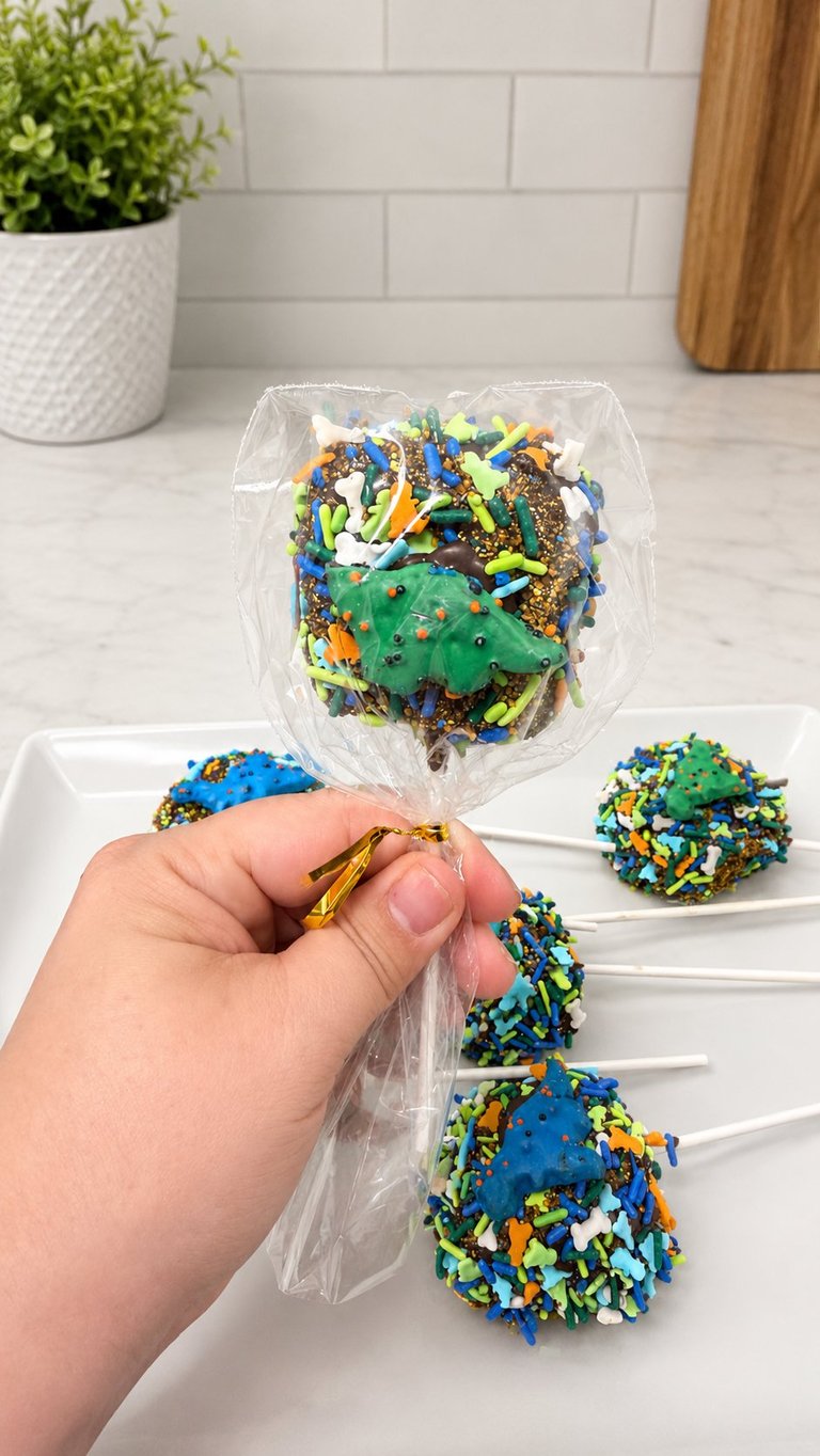 Hand holding a colorful rainbow sprinkle cake pop in clear wrapper, with more decorated cake pops on white plate in kitchen
