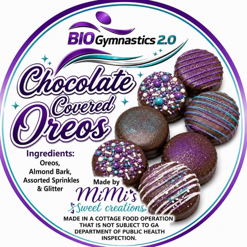 BIO Gymnastics 2.0 Chocolate Covered Oreos label with sparkly purple and teal decorated cookies