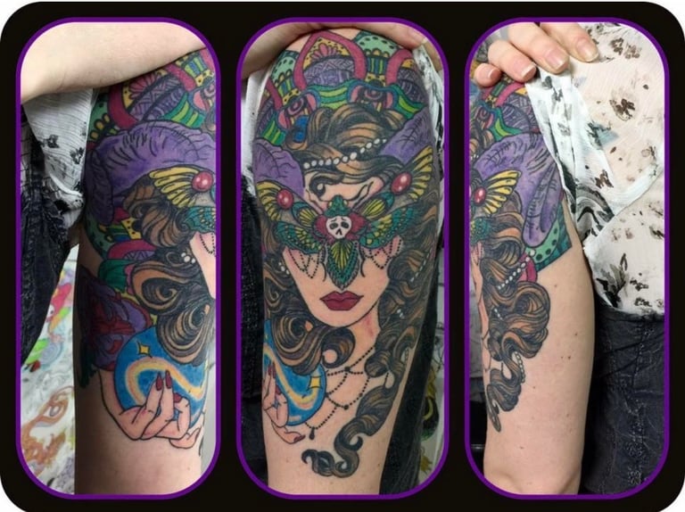 Three views of a colorful neo-traditional tattoo sleeve featuring a womans face with serpents and ornamental details in purple, green, and blue inks