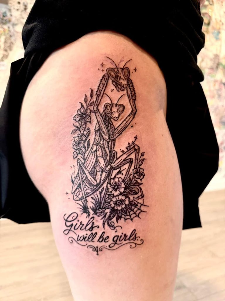 Leg tattoo featuring two praying mantis insects forming a heart shape with flowers and the text girls will be girls below