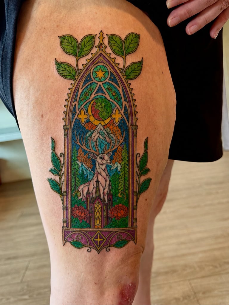 Colorful tattoo on thigh featuring ornate gothic arch with deer, green leaves, and decorative floral elements
