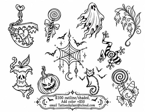 Collection of Halloween tattoo design sketches including cauldron, ghost, jack-o-lantern, skull, spider web, bats, and candy designs in black line art style.