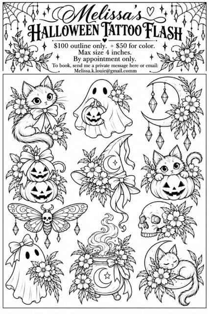 Melissas Halloween Tattoo Flash sheet with 12 black and white designs including cats, ghosts, pumpkins, witches, skulls, and floral elements