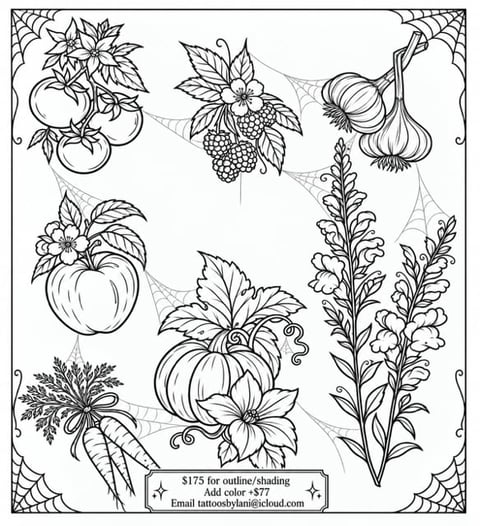 Black and white botanical line drawing featuring tomatoes, grapes, garlic, carrots, and flowering plants with decorative spider web borders